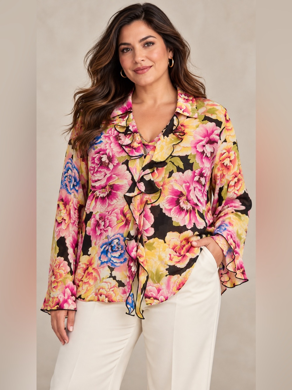 OSCAR de la Renta Company Silk Floral Ruffle Blouse Size 12